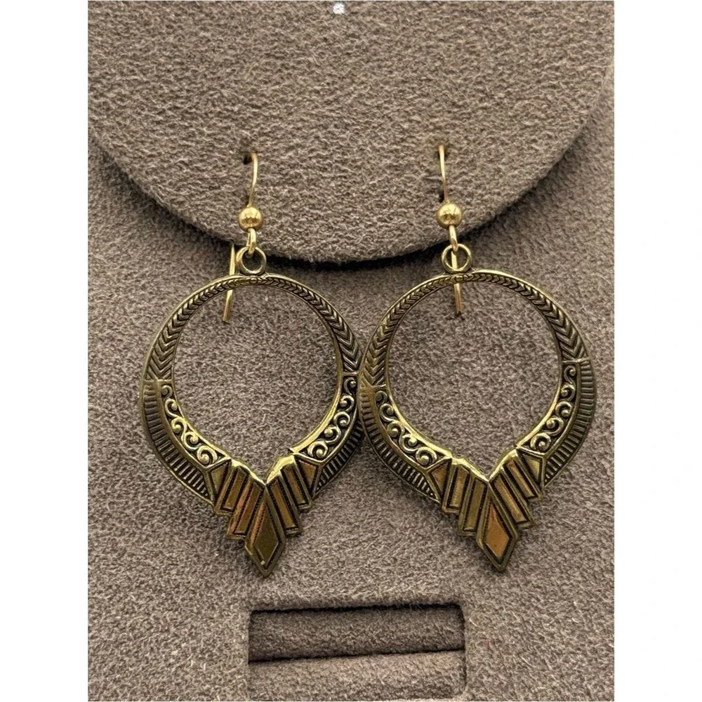 Antique Egyptian Brass Hoop Drop Earrings - Gold-Tone Geometric Accent